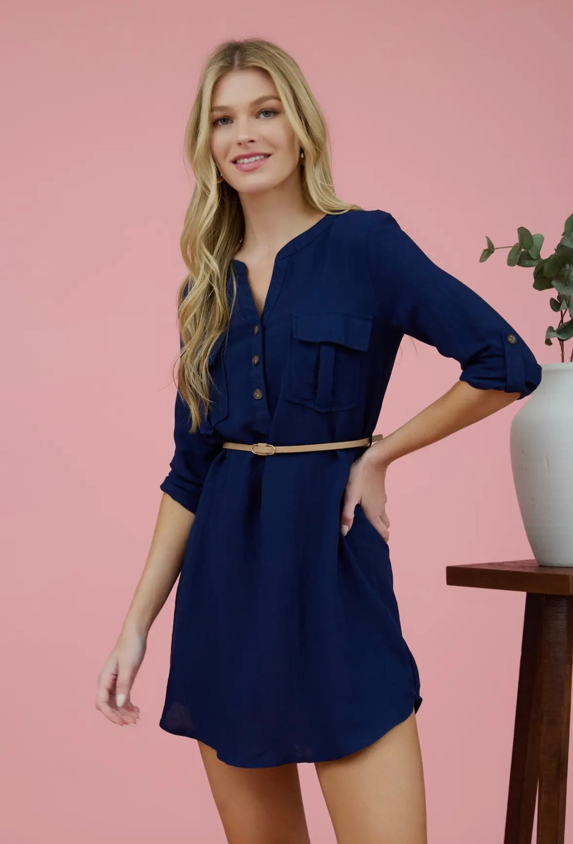 3/4 Sleeve Belted Mini Dress
