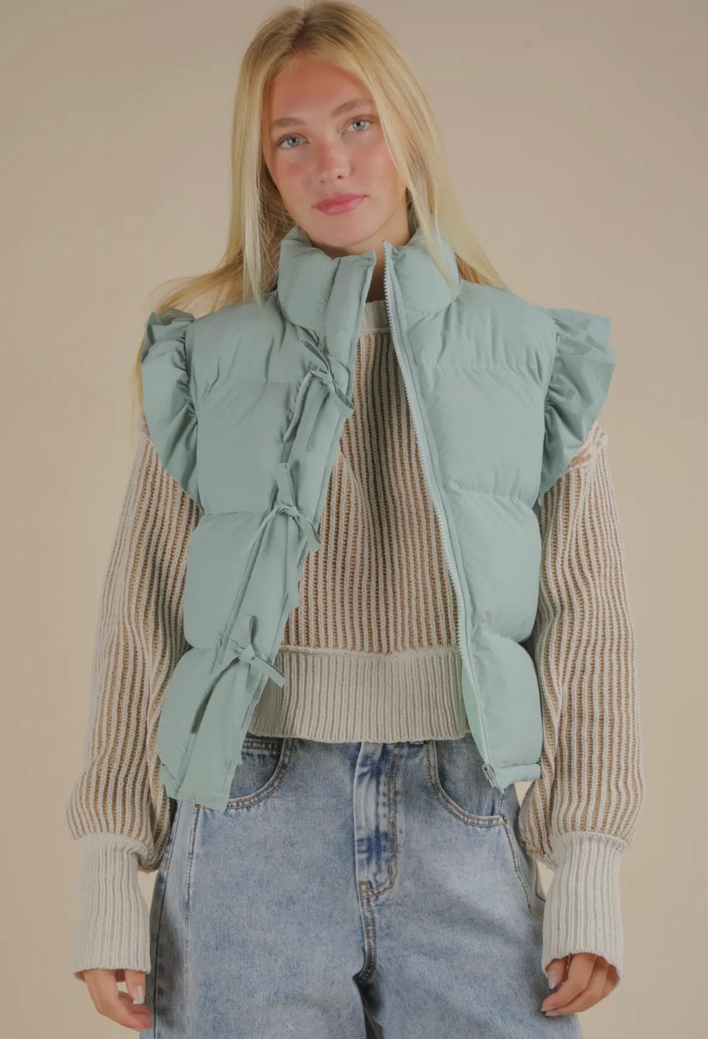 Bow Ruffle Sleeve Puffer Vest