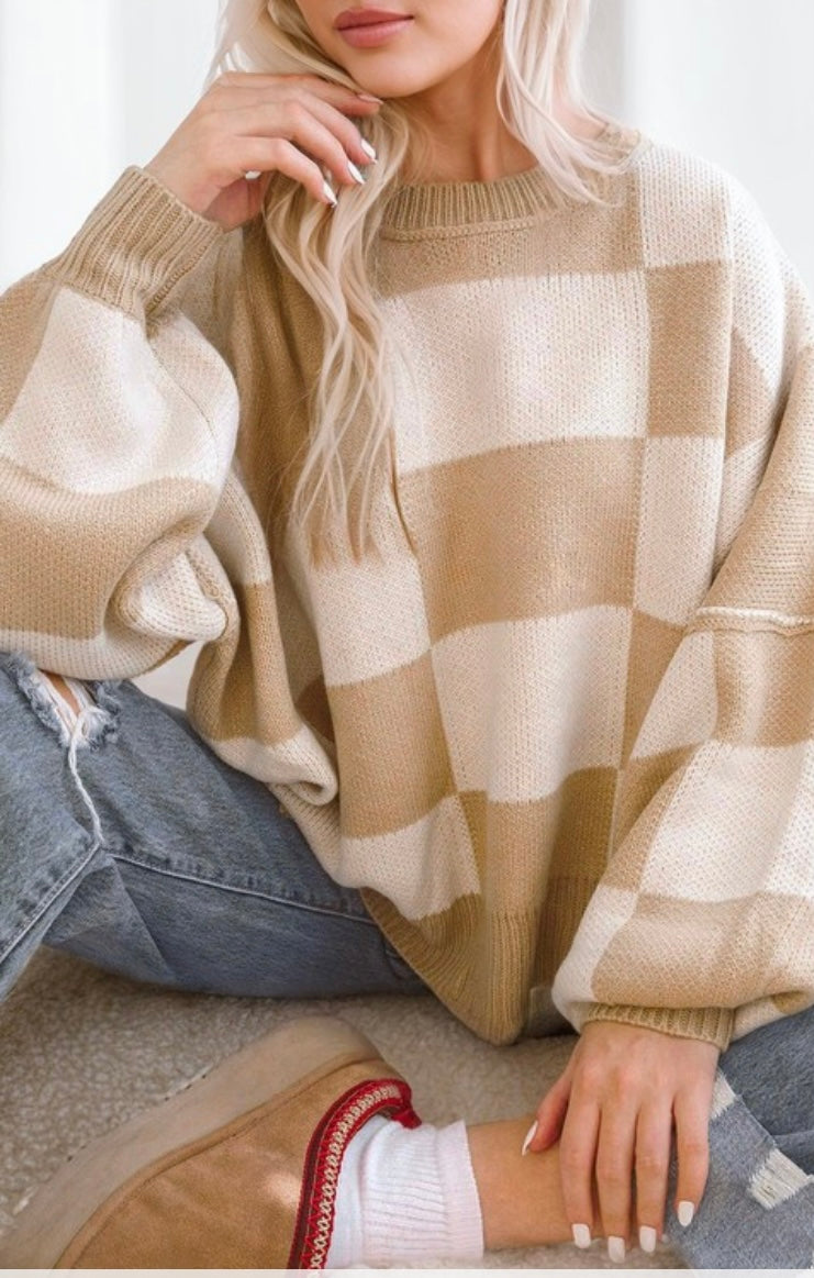 Checkered Bishop Sleeve Sweater