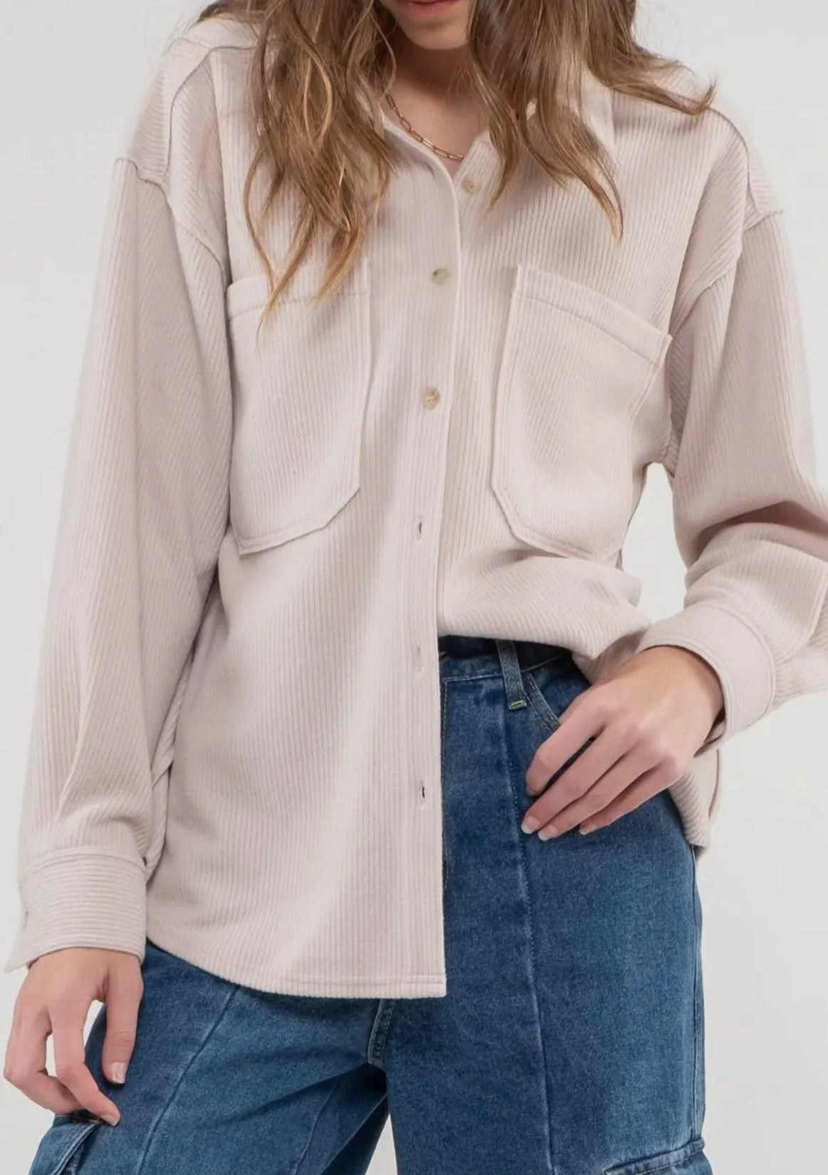 Rib Knit Exposed Seam Button Up