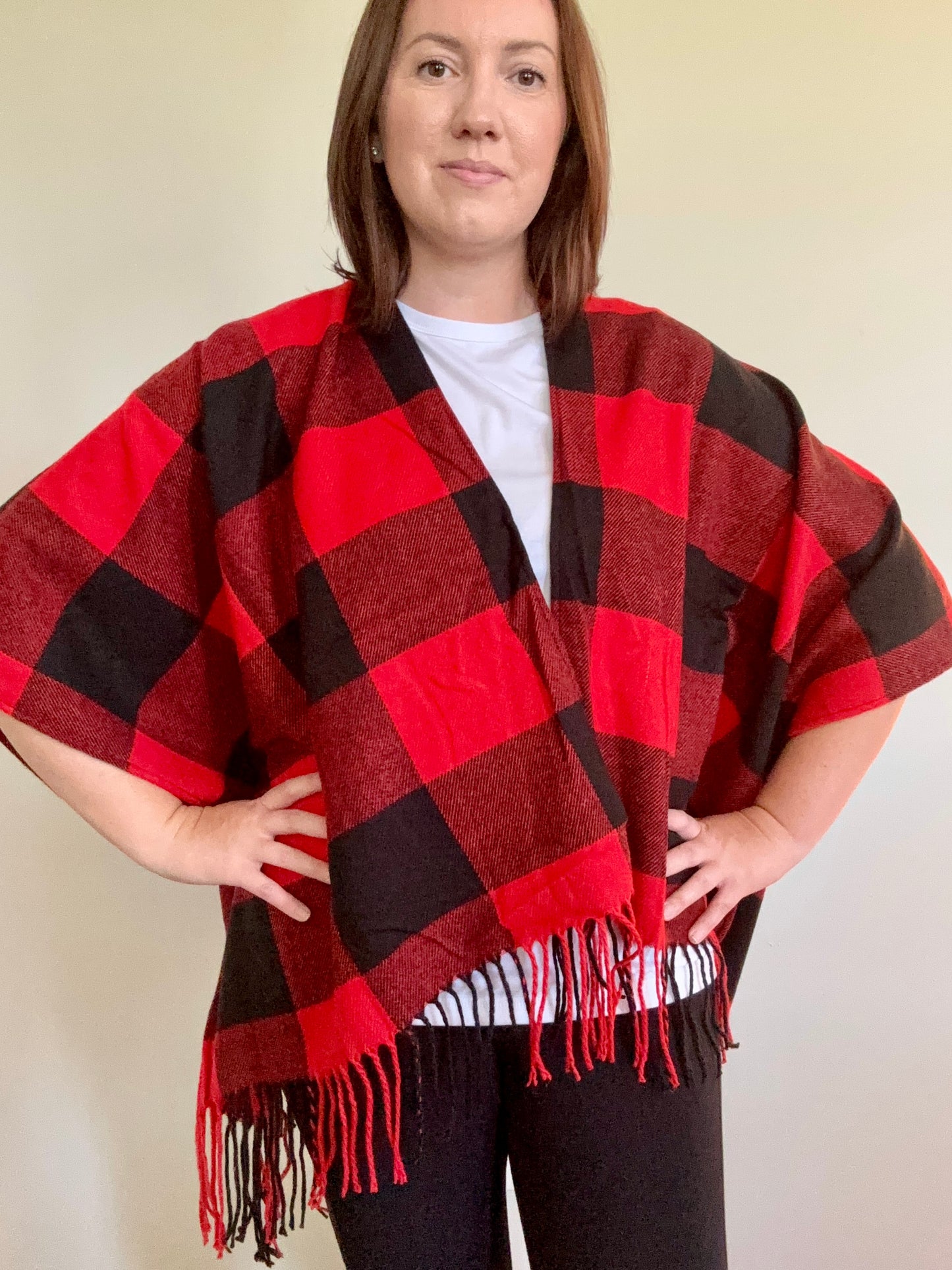 Plaid Open Front Fringe Kimono