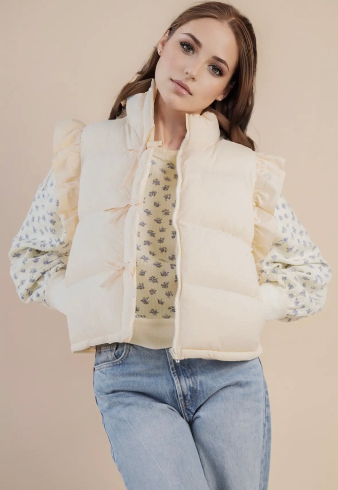 Bow Ruffle Sleeve Puffer Vest