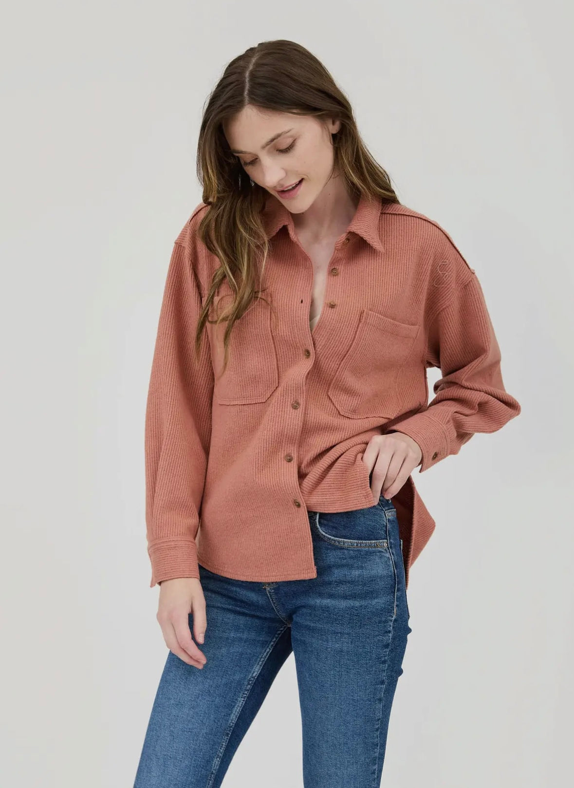 Rib Knit Exposed Seam Button Up