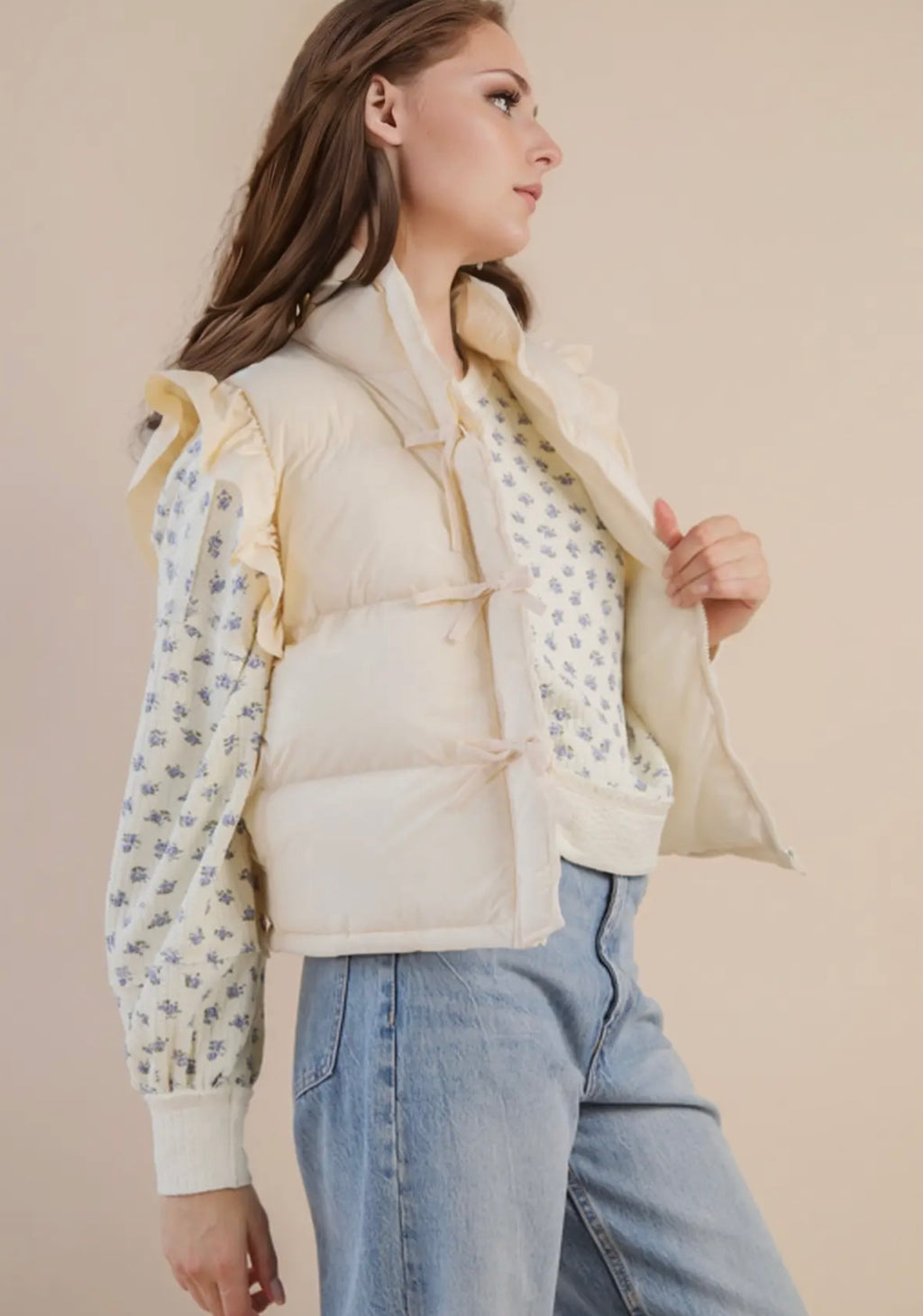 Bow Ruffle Sleeve Puffer Vest