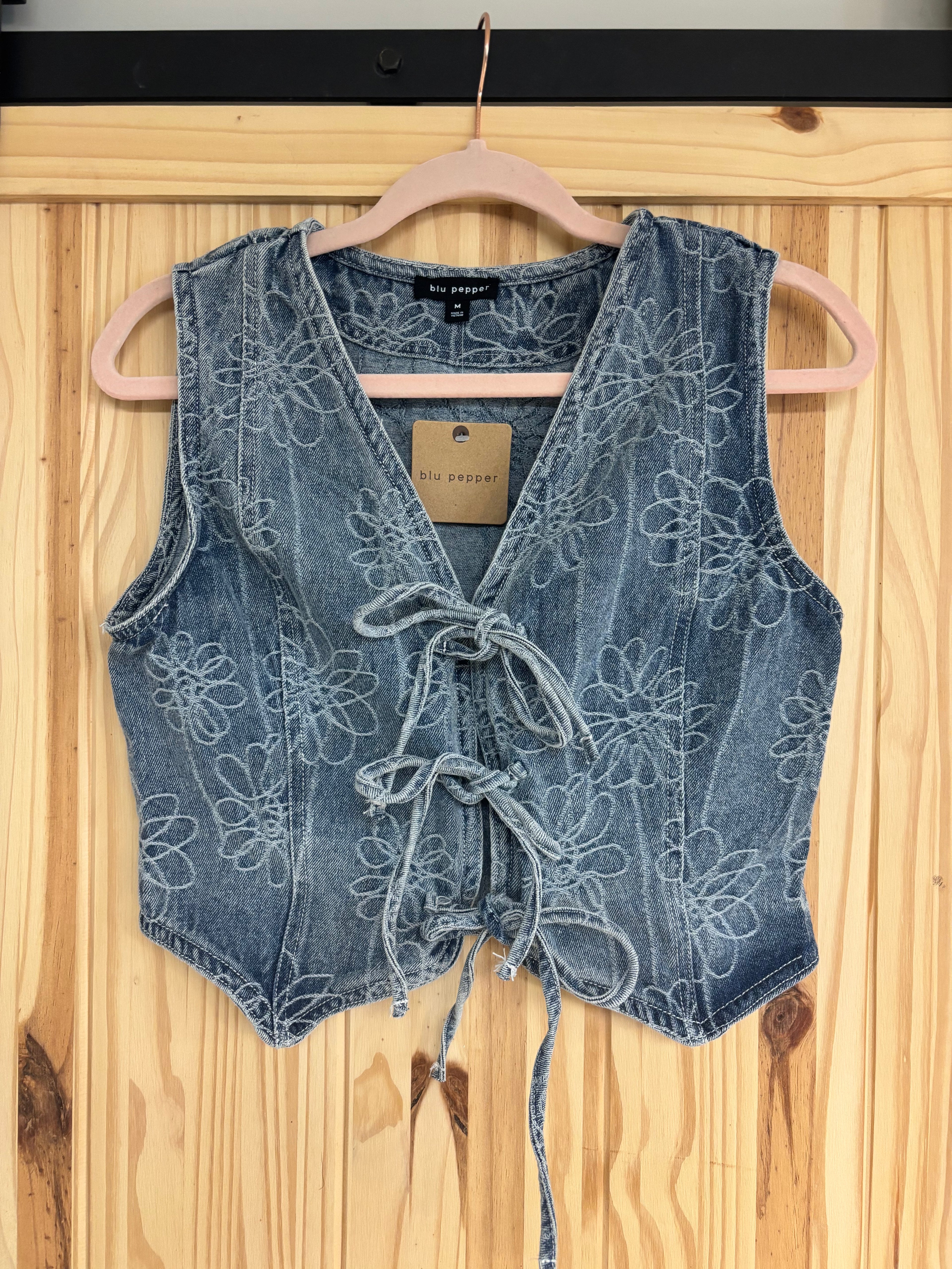 Floral Denim Front Tie Vest