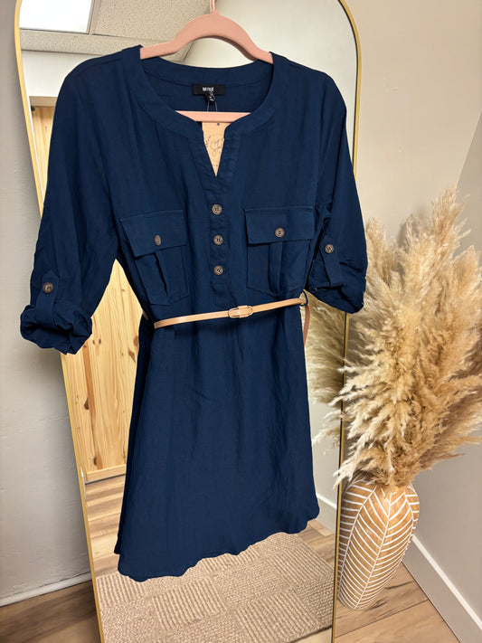 3/4 Sleeve Belted Mini Dress